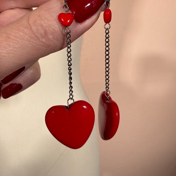 Vintage Red glass Heart Sterling silver oversized Modernist dangle Earrings - Picture 7 of 15